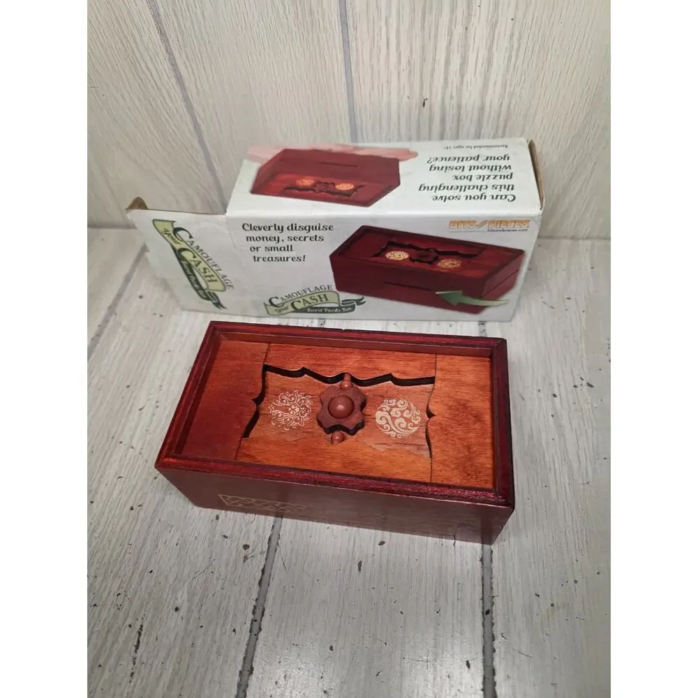 Bits and Pieces Wooden Puzzle Box Camouflage Your Cash Money Holder NIB